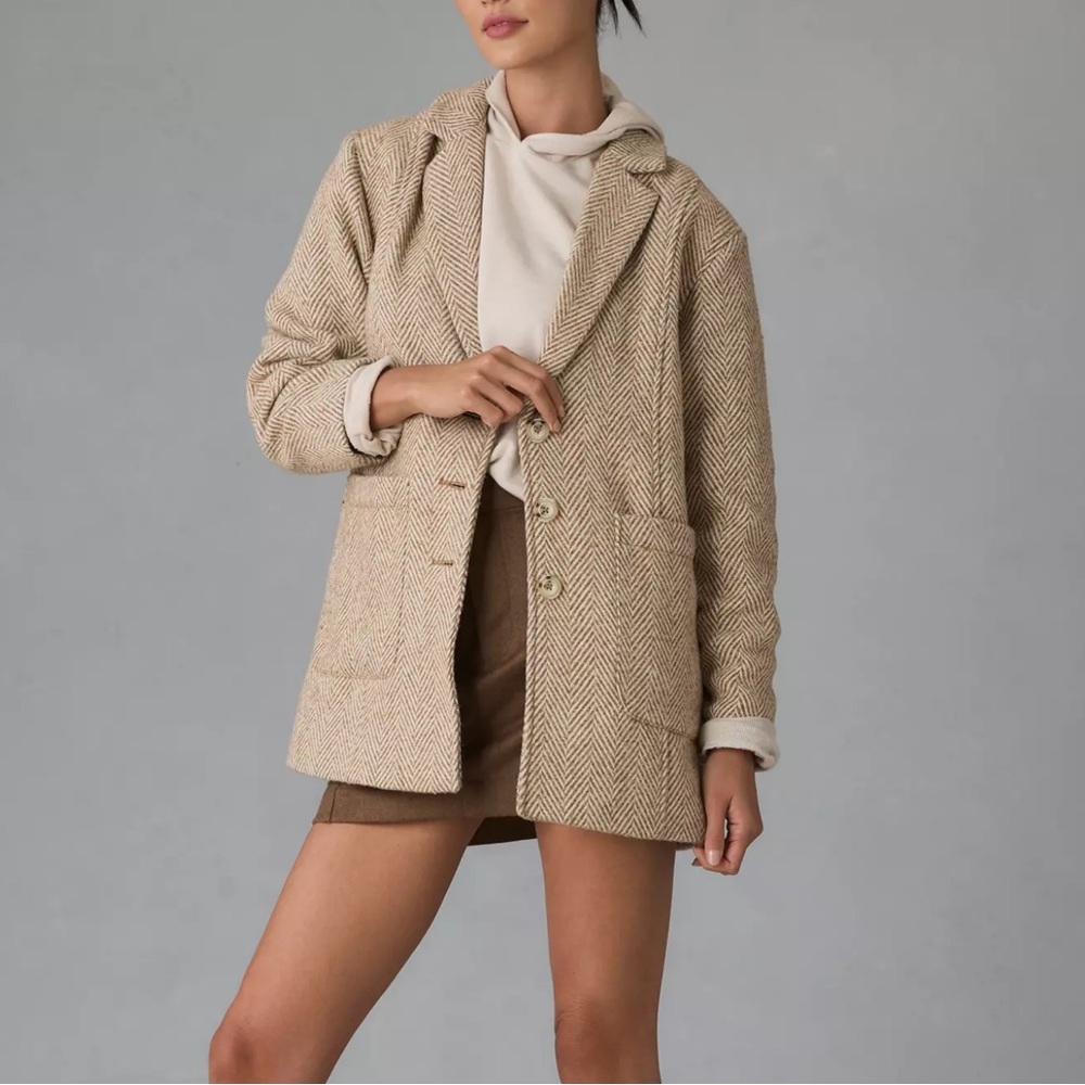 Pilcro from Anthropologie Brushed Herringbone Blazer Size Medium Cream and Beige - Picture 4 of 16
